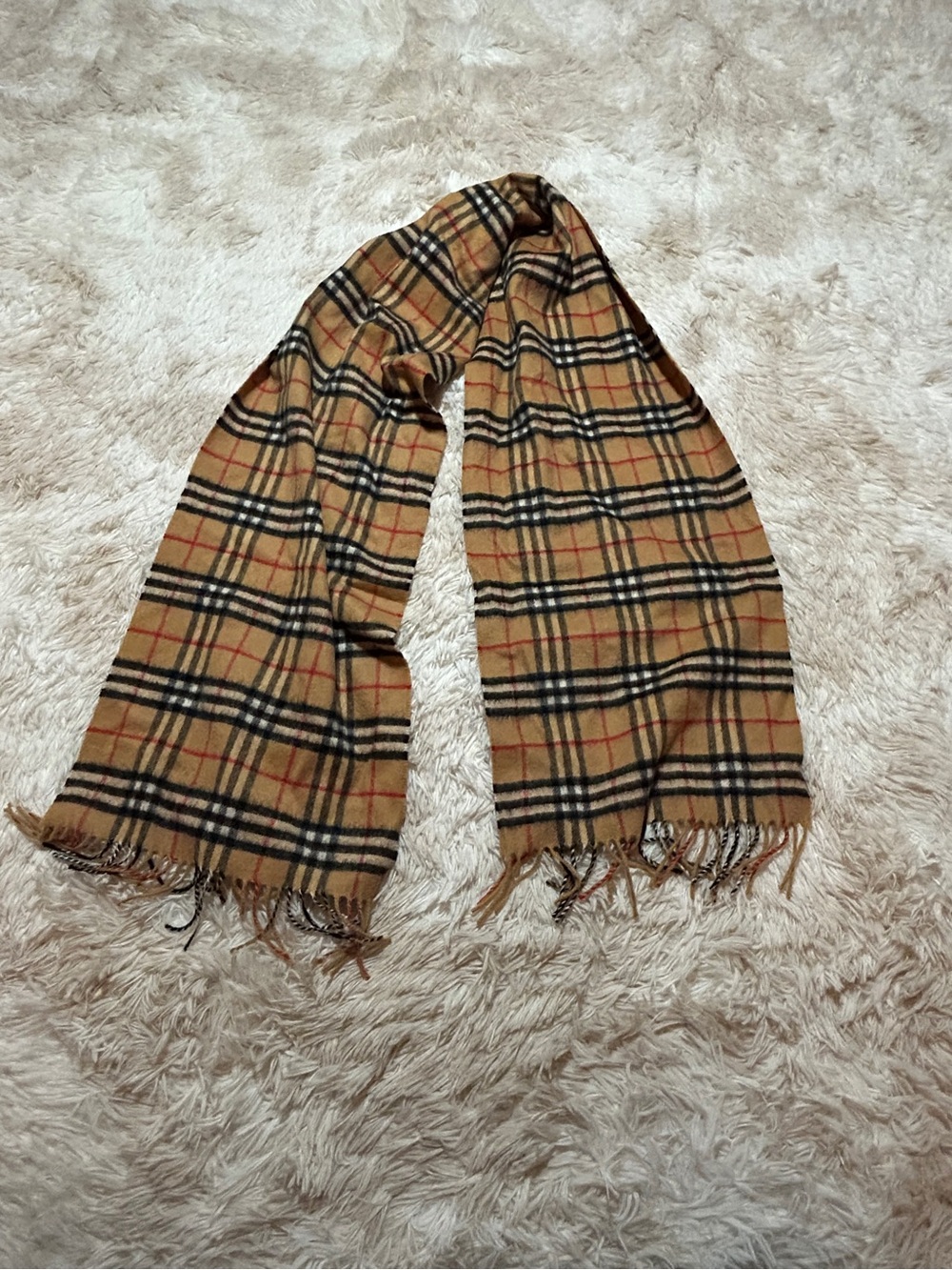 Burberry Tan Plaid Cashmere  Scarf with Black and Red Accents